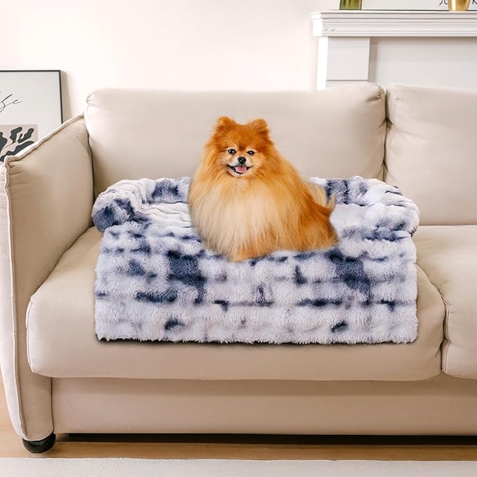 FUNNY FUZZY Pet Fluffy Fuzzy Couch Cover, Calming Washable Dog Bed Sofa Protector Pets Mat for Small Dogs and Cats (Tie-dye Blue, 27"×22"×4.7")