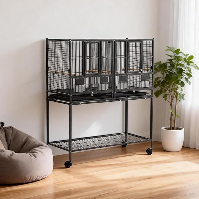 43 Inch Bird Cage with Wooden Perches, Standing Wrought Iron Birdcage with Wheels, Large Parrot Cage Bird Cages with Slide-Out Tray Water Bottle Feeder for Parakeets,Cockatiel, Canary,Pigeons