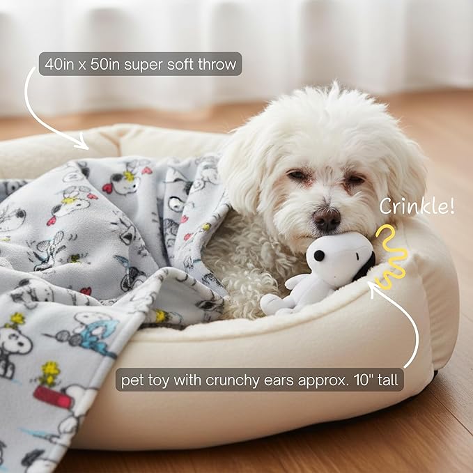 Peanuts Snoopy Pet Throw & Pet Pillow Set - 40in x 50in Super Soft Cozy Throw Blanket for Dogs & Cats - Couch/Bed/Car, (Officially Licensed Product) by Franco Pet