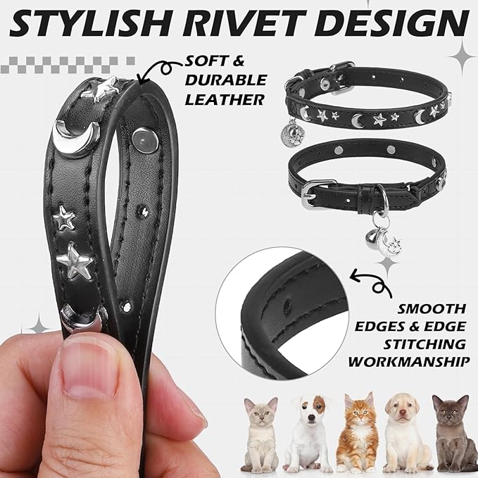 EXPAWLORER Cat Collar for Girl Boy Cats- Adjustable Leather Pet Collar with Safety Elastic Belt,Personalized Punk Accessories Buckle Collars with Bell & Durable D-Ring, Star & Moon