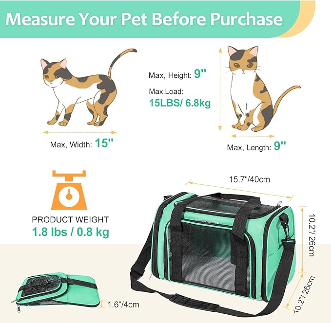 Discala Cat Dog Carrier Up to 15 Lbs TSA Airline Approved Pet Carrier for Small Medium Cats Puppies Dog Carriers for Small Dogs Collapsible Soft Sided Cat Travel Carrier - Green 15.7"x10.2"x10.2"