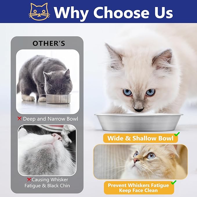 6-Pack Stainless Steel Cat Food Bowls, Shallow Whisker-Friendly Non-Slip Silicone Base Metal Dishes, Easy to Clean Indoor Water Flat Plates for Cat, Kitten, Small Dog (5.9")