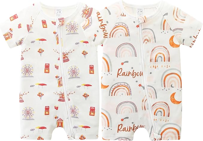 Unisex Summer Trendy 2-Pack Rompers Short Sleeve Zipped Bodysuit Infant Cotton Outfits