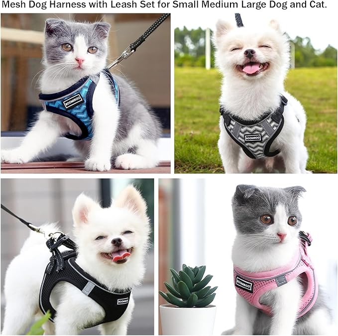 BOOMIBOO Dog Harness with Leash Set, No Pull Adjustable Reflective Step-in Puppy Pet Vest Harnesses for Small Medium Large Dogs and Cats,Black S