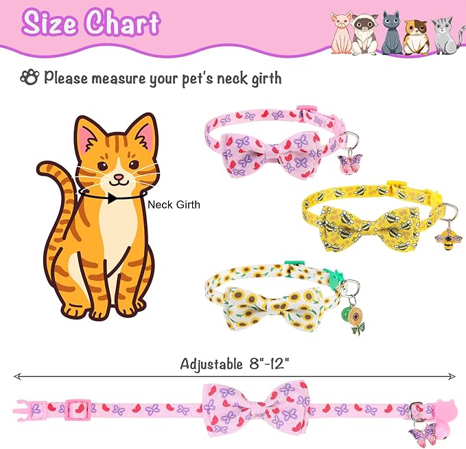 Breakaway Cat Collar with Removable Bow Tie and Bell, Cute Multi-Style Patterns, 3 Pack Safety Buckle Kitten Collars, Adjustable Pet Collar for Cats Puppy (Style B - Nature)