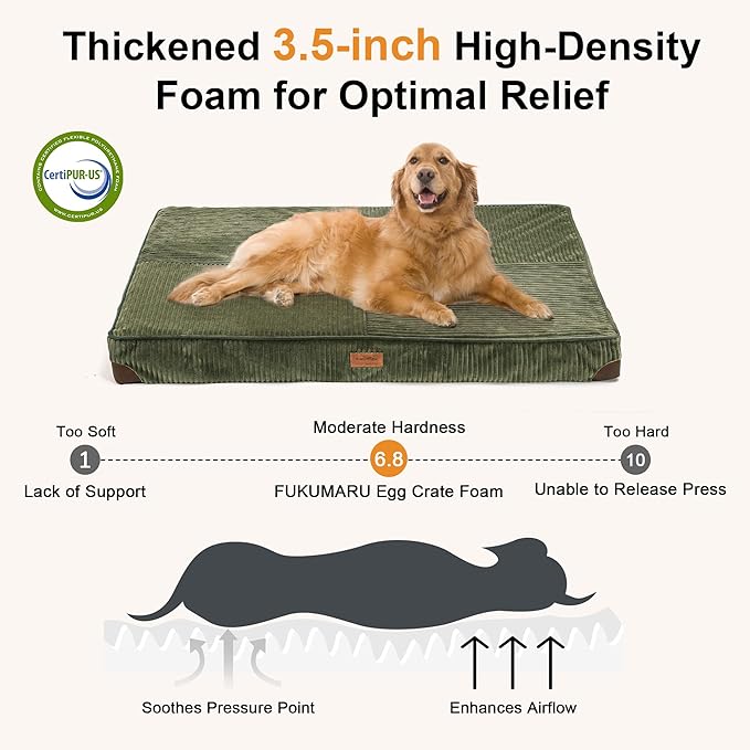 FUKUMARU Dog Bed, Thickened Corduroy Orthopedic Dog Beds with Washable Cover, XL Waterproof Dogs Bed for Crate, 28D Egg Crate Foam Support Pet Mat, Cozy Pet Bed Pad with Anti-Slip Bottom, Green