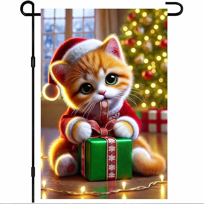 Christmas Garden Flag 12x18 Inch Cute Kitten Gift Flag Double Sided Holiday Cat Banner Outdoor Pet Yard Decoration for Porch Tree Lighting Display