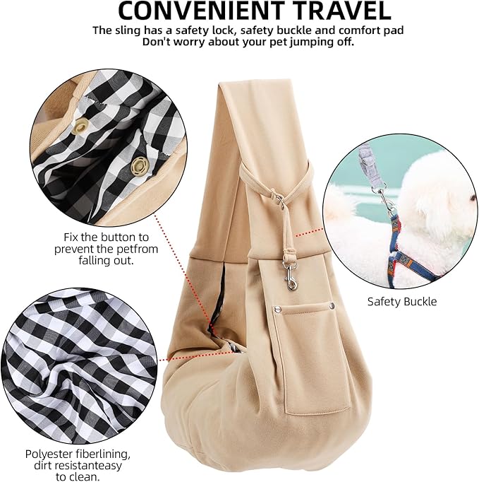 Dog Carrier Sling - Reversible Puppy Carrier Purse with Storage Pocket, Hand-Free Dog Sling Carrier for Carry Small Dogs and Cats, Travel Safety Harness, Dog and Cat Harness (Apricot)