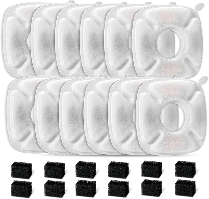 24 Pcs Cat Fountain Replacement Filters：12 Pack Replacement Filters with 12 Pack Pre-Filter Sponges, Pet Fountain Filter Fit for 95oz/2.8L Automatic Pet Fountain Cat Water Fountain
