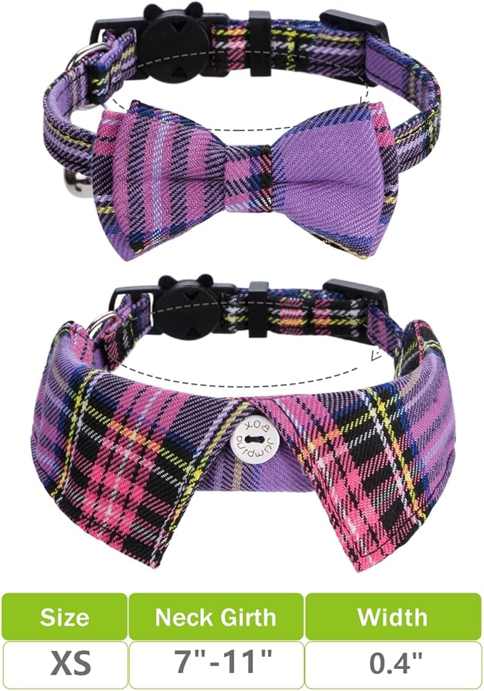 Faleela 2 Pack/Set Cat Collar with Cute Bow Tie and Bell,Breakaway Plaid Shirt Collar for Kitty Adjustable Safety