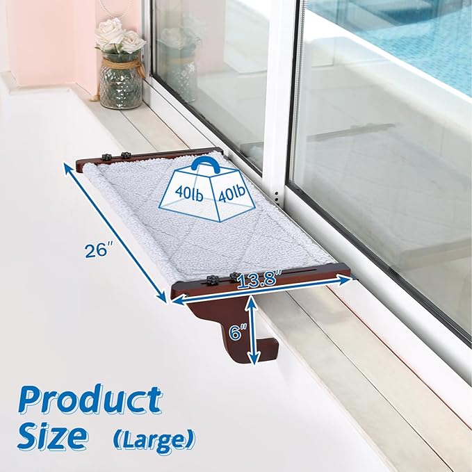 Zakkart Easy Seat Cat Perch for Window Sill - Hammock Design w/Premium Wood & Robust Metal Frame - Cat Window Seat for Large Cats and Kittens (Dark Stained Wood w/Gray Bed, Large (26''W x 14''D))
