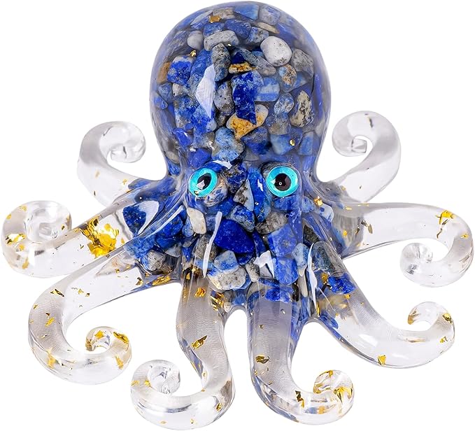 Natural Crystal Lapis Lazuli Gravel Octopus Resin Marine Animals Fish Tank Decorative Ornaments Statue Healing Crystal Home Decor Ladies Gift 3.93"