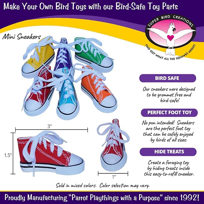 Super Bird Creations SB50010 Sneaker Bird Toy - Durable Safe Chew Toy - Ideal for Cockatiels Parakeets Parrots Small to Large Birds - Vibrant, Assorted Colors 3" x1-1/2 x 1-3/8" (12 Pack)