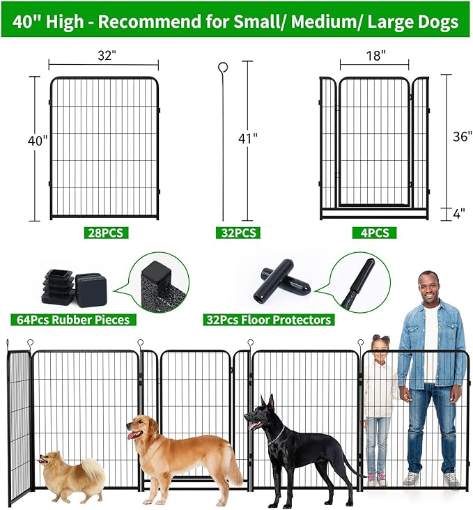 Dog Playpen Outdoor Extra Wide 32 Piece Panels Heavy Duty Dog Fence 40" Height Anti-Rust with Doors Portable for RV Camping Yard, Total 84FT, 561 Sq.ft, Snowy Black