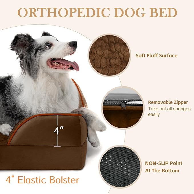Comfort Expression Orthopedic Dog Bed for Medium Dogs 30x20 Inch, Waterproof Egg Crate Foam Medium Pet Bed with Removable Bolsters, Dog Couch with Washable Cover & Non-Slip Bottom, Dark Brown