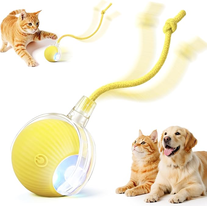 Interactive Electric Automatic Rolling Moving USB Rechargeable Self Activated Play Stimulation Toy Smart Chase Teaser Ball with Speedy Tail Rope for Bored Adult Indoor Cats and Dogs, Yellow