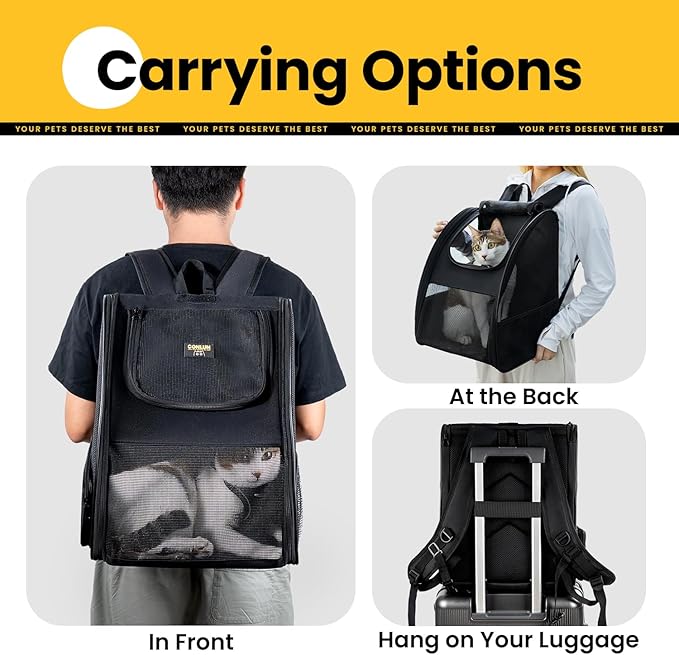 Cat Backpack Carrier for Small Dogs and Cats Fit Up to 15 Lbs,Small Dog Backpack, Foldable with 3-Side Mesh Windows, Pet Carrier for Travel & Hiking Friendly，Black
