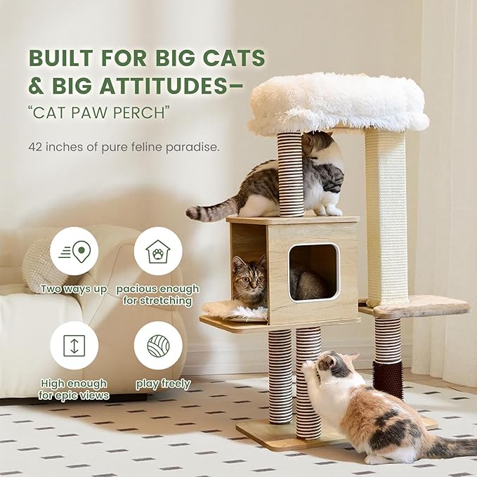 Cat Tree Tower, 41.7 in Wood Cat Condo with Sisal-Covered Scratching Posts and Plush Pom-pom, Multi-Level Climbing Cat Furniture with Jump Platform for Indoor Cats, Beige