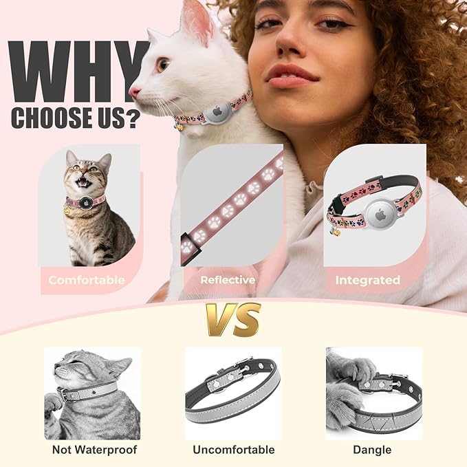 AirTag Cat Collar, Breakaway Cat Tracker Collar, Airtag Holder Compatible with Apple Air Tag, [Lightweight & Scratch Resistant] Adjustable Comfortable GPS Pet Collar for Cats Kittens, Pink