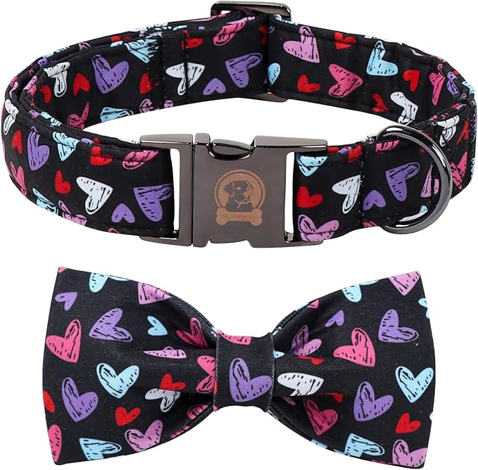 Valentines' Black Dog Collar with Bowtie, Cute Red Heart Pattern Durable Pet Collar with Metal Buckle, Adjustable Puppy Collar for Small Medium Large Dog