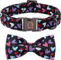 Valentines' Black Dog Collar with Bowtie, Cute Red Heart Pattern Durable Pet Collar with Metal Buckle, Adjustable Puppy Collar for Small Medium Large Dog