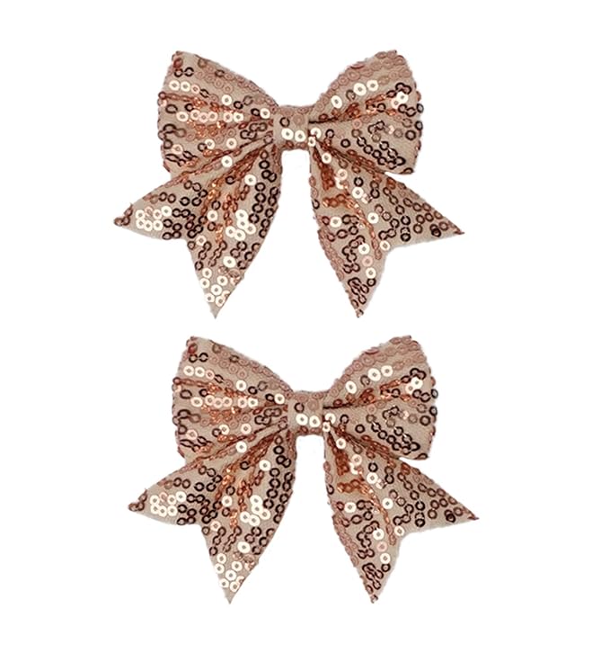 3-inch Sequined Bow Hair Clips For Baby Girls, Toddler, Kids and Young Women Birthday Party Wedding Christmas Occasions Pet Accessories Set of 2 (Champagne)