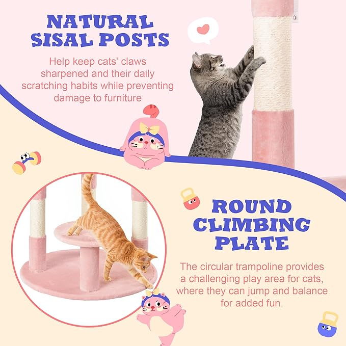 Allewie 55.5 in Cat Tree for Indoor Kitties/Soft Plush Perches/Multi-Level Cat Tower/Sisal Scratching Posts/Crescent Plates/Round Jumping Board/Hanging Ball/Pet Activity Center/Pink