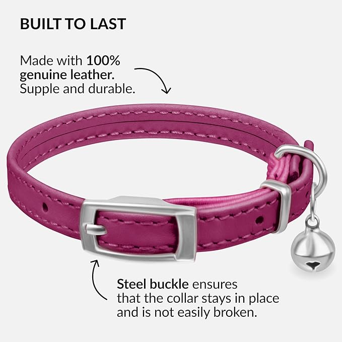 CollarDirect Leather Cat Collar with Bell - Kitten Collar, Small and Big Cat Collar for Boy Cats, Girl Cats with Safety Elastic Strap (Neck Fit 8"-11", Pink)