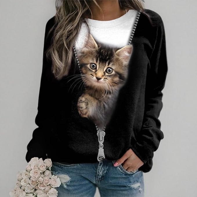 ShallWe Women's Active Sweatshirts Cute Cat Pullover Crewneck Lightweight shirts Novelty Casual Tunics Tops Fashion Spring Black