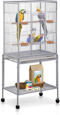 SUPER DEAL 53-Inch Rolling Bird Cage Large Wrought Iron Cage for Cockatiel Sun Conure Parakeet Finch Budgie Lovebird Canary Medium Pet House with Rolling Stand & Storage Shelf, White