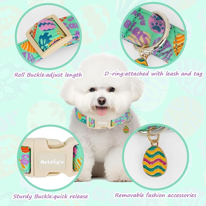 Easter Dog Collar for Large Dogs, Adjustable Green Large Dog Collar with Colorful Eggs Pattern, Cute Easter Dog Collars Girl Boy Collar for Dogs -L