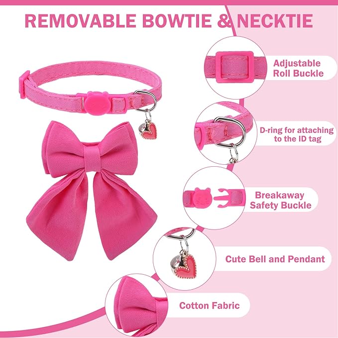Cat Collar Breakaway with Bells, Soft Pure Cotton Pink Cat Bowtie Collar for Girl Cats, Small Cats Collar with Bow for Spring Summer, 2 Pack Cute Kitten Collars with Removable Bowtie 8-12Inch