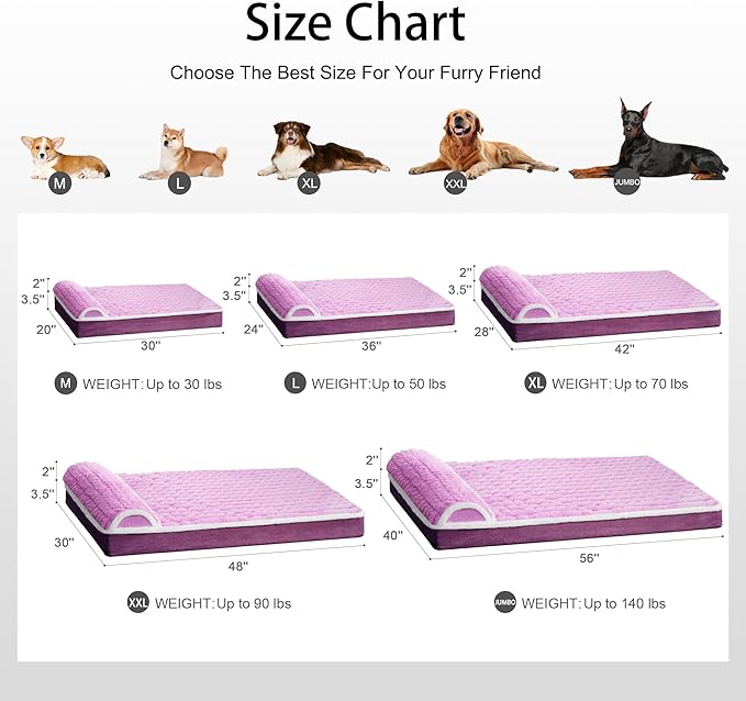 Orthopedic XL Dog Bed Large Sized Dog with Pillow 42''X28'', Waterproof Soft Comfortable Egg Crate Foam Pet Crate Beds Mat with Removable Washable Cover and Non-Slip Bottom, Lilac