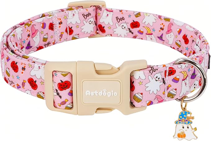 Halloween Dog Collar, Fall Dog Collars for Extra Small Dogs, Cute Pink Puppy Collar with Adorable Ghost & Pumpkin Design, Soft Cotton Extra Small Dog Collars Girl Boy Dog Collar-XS