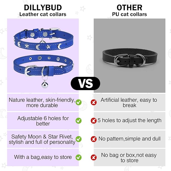 Leather Cat Collars for Boy Girl Cats with Bell and Safety Elastic Belt, Personalized Star and Moon Stud Adjustable Safe Buckle Collar for Kitty Small Big Cats Size 8-12 Inch, Blue