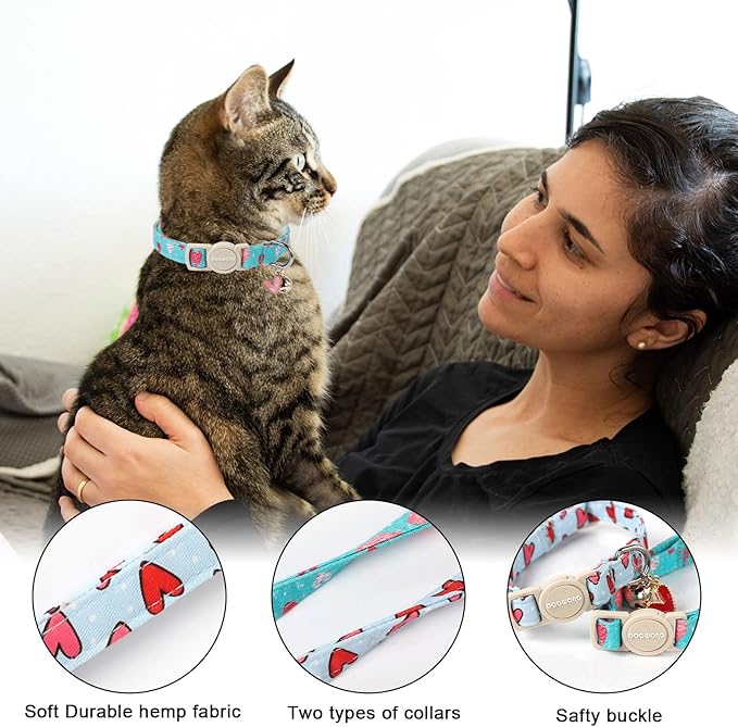 Cat Collar,2 Pack Cat Collars Breakaway with Bell, DOGWONG Safety Buckle Valentine's Day Cat Collar Blue Heart for Girl Boy Cats and Small Dogs，Adjustable 7-12 Inch,Pet Supplies Accessories