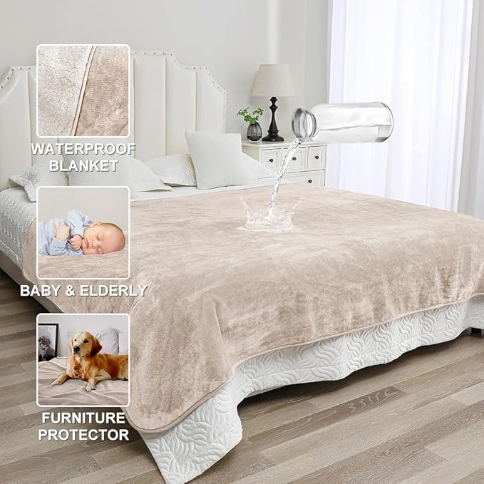 Waterproof Blanket for Beds – Ideal for Couch & Pets Splash Proof Sherpa Throw, Leakproof TPU Layer, Stain Resistant Washable Bed Protector – Khaki, 90"x 80"