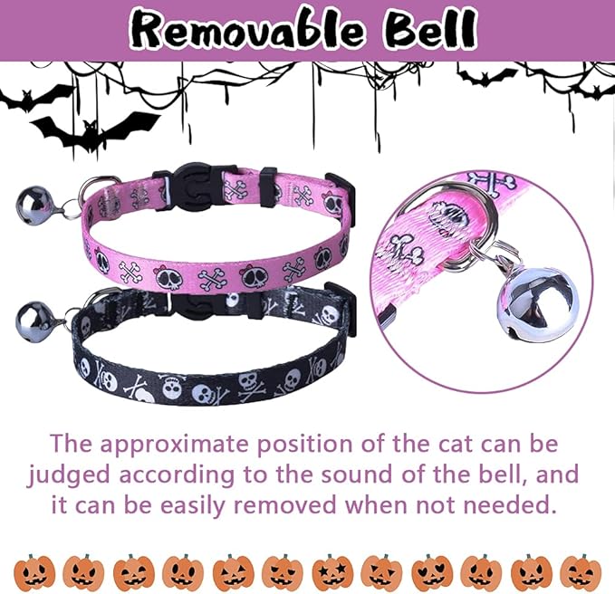 PUPTECK Breakaway Cat Collar with Bell Charm, 2 Packs Adjustable Kitty Collars Pink & Black Skull Pattern, 7.8-11.8 in