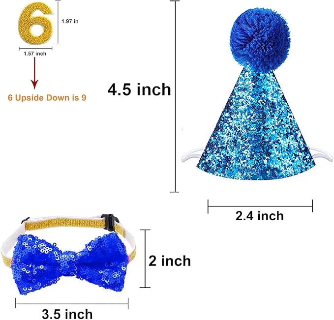 Christmas Pet Party Jazz Hat and Blingbling Bow Tie Breakaway Collar Set, Adjustable Headband for Kitten Puppy Small Dogs Cats (Royal Blue+Number)