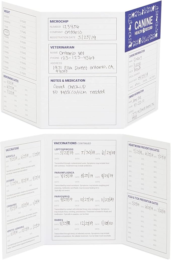 Juvale Puppy Record Card - Compact Portable Puppy Vaccination Record & Ink-Resistant Dog Vaccination Card - Dog Breeding Supplies - Pack of 24, 5 x 3.5 in Folded, White, Paper