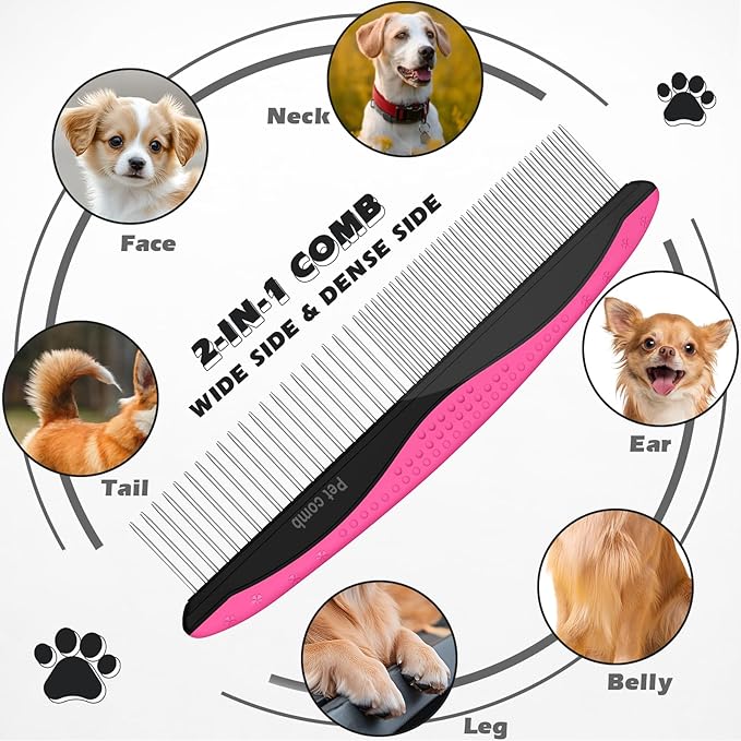 3PCS Pet Grooming Rake & Metal Comb & Flea Comb for Cats and Dogs, Double-Sided Dematting Tool, Extra-Wide Deshedding Dog Brush for Long Hair to Effectively Remove Tangles, Knots and Mats (Pink)