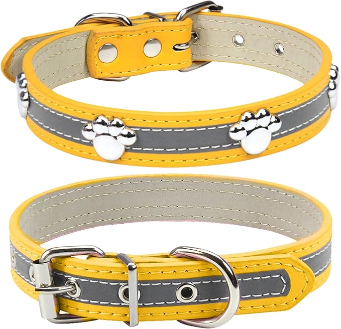 PETCARE Reflective Dog Collar with Cute Paw Rivet Studded Funny Soft PU Leather Adjustable Puppy Dog Collars for Small Medium Large Dogs Cats (Yellow,Small)