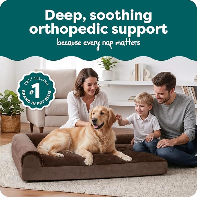 FurHaven Orthopedic Dog Bed for Large Dogs, L-Shaped Chaise Mattress, Egg Crate with a Solid Orthopedic Foam Base for Joint Support, Removable Washable Cover, Jumbo XL, Plush & Velvet, Sable Brown