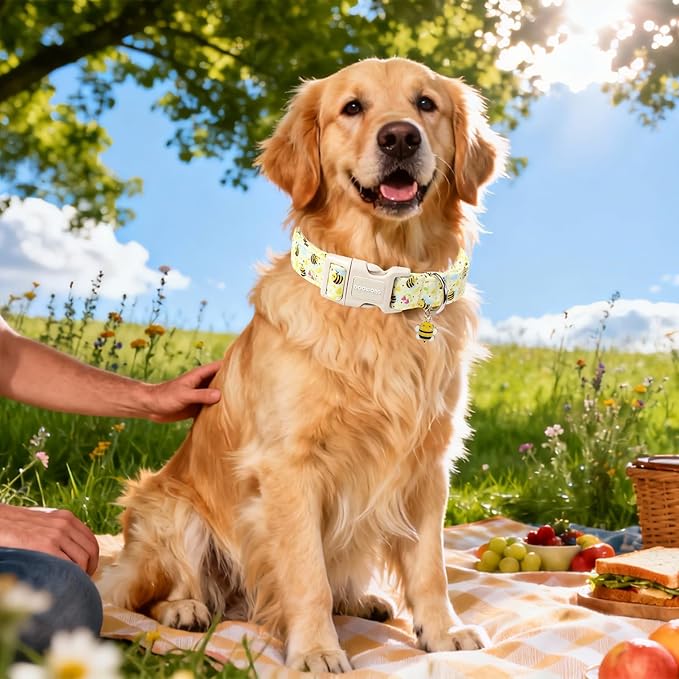 DOGWONG Spring Summer Dog Collar- Bee Flower Dog Collar, Adjustable Soft Girl Boy Dog Collar for Small Medium Large Dogs, XL