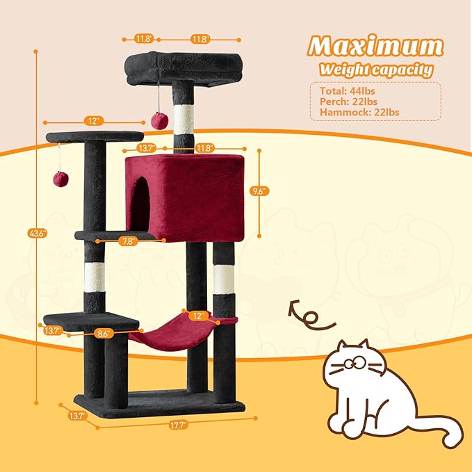 DUMOS Small 44 Inch Cat Tree Tower, Cat Climbing Tower with Natural Sisal Scratching Posts, Hammock, Pet Condo for Indoor Cats and Kittens Play, Black and Red