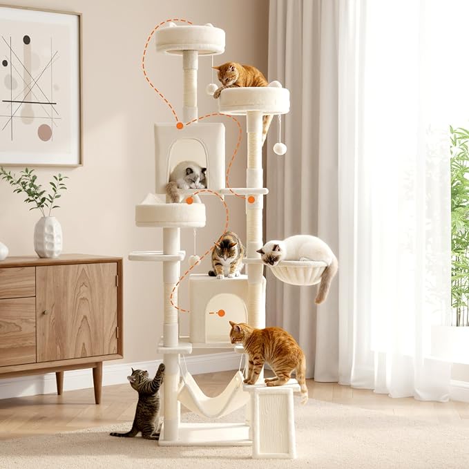 Large Cat Tree 75 Inch, Multi-Level Tall Cat Tree Tower with Condo, Perches, Sisal Scratching Posts Board and Hammock, Pet Play House with Dangling Balls for Indoor Cats, Beige