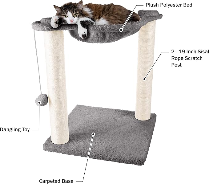 Cat Hammock with Scratching Posts for Indoor Cats - 19-Inch-Tall Cat Tree with Hanging Ball Toy for Adult Cats and Kittens by PETMAKER (Gray)
