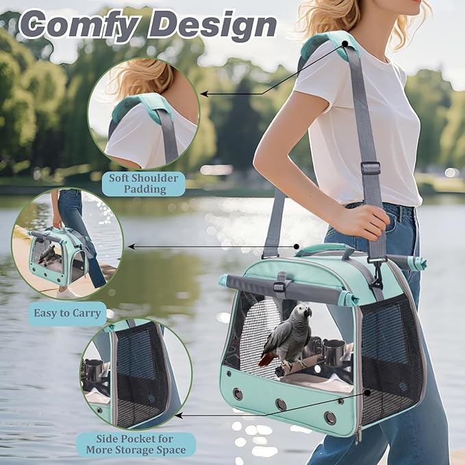Bird Carrier Parrot Travel Cage with Perch, Food Bowl, Tray and Breathable Clear Window, Bird Travel Bag for African Gray Cockatiel Caique Conure Quaker, for Vetting Camping Hiking (Blue)