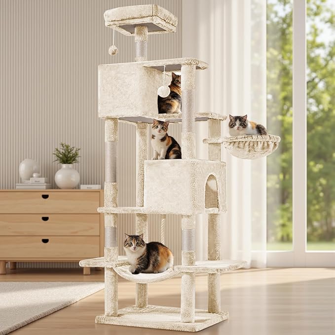 Sweetcrispy 66 Inch Cat Tree Tower, Multi Level Cat Climbing Tower with Natural Sisal Scratching Posts, Hammock, Pet Condo for Indoor Cats and Kittens Play, Beige