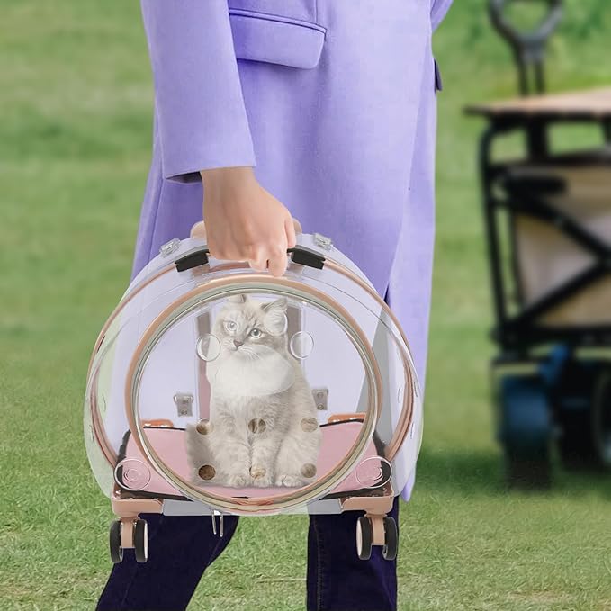 Transparent & Fully Breathable Hard Cat Carrier with Rolling Wheels, Multiple Carrying Carrier for Cats, Dogs, Or Bunnies for Traveling, Taking a Walk, Applicable Weighing up to 19.84lbs (Pink,Clear)